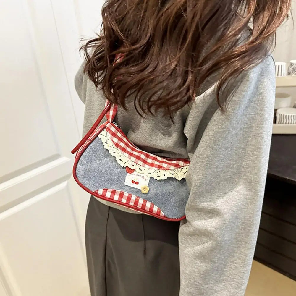New Fashion Grid Women Bag Lace Ribbon Stretchable Shoulder Strap Single Shoulder Underarm Bag Daily Commuting Student Handbag