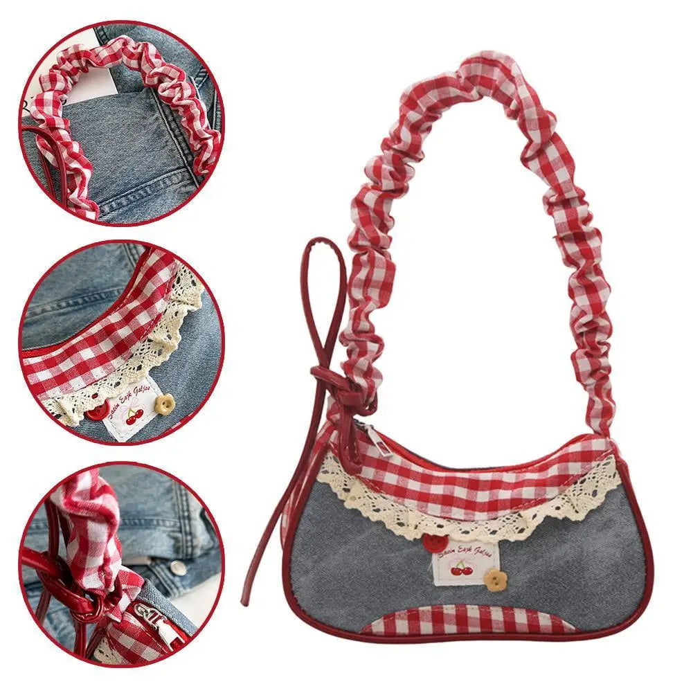 New Fashion Grid Women Bag Lace Ribbon Stretchable Shoulder Strap Single Shoulder Underarm Bag Daily Commuting Student Handbag