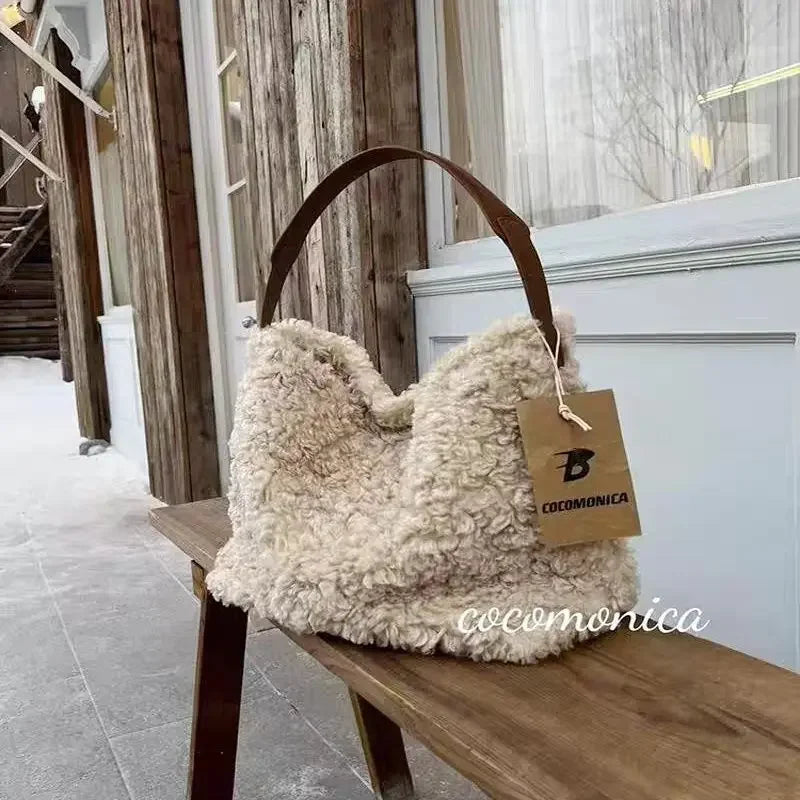 Women Bag Autumn Winter Luxury Fashion New 2025 Imitation Lamb Wool Shoulder Bag Handbag Simple Office Women Bag