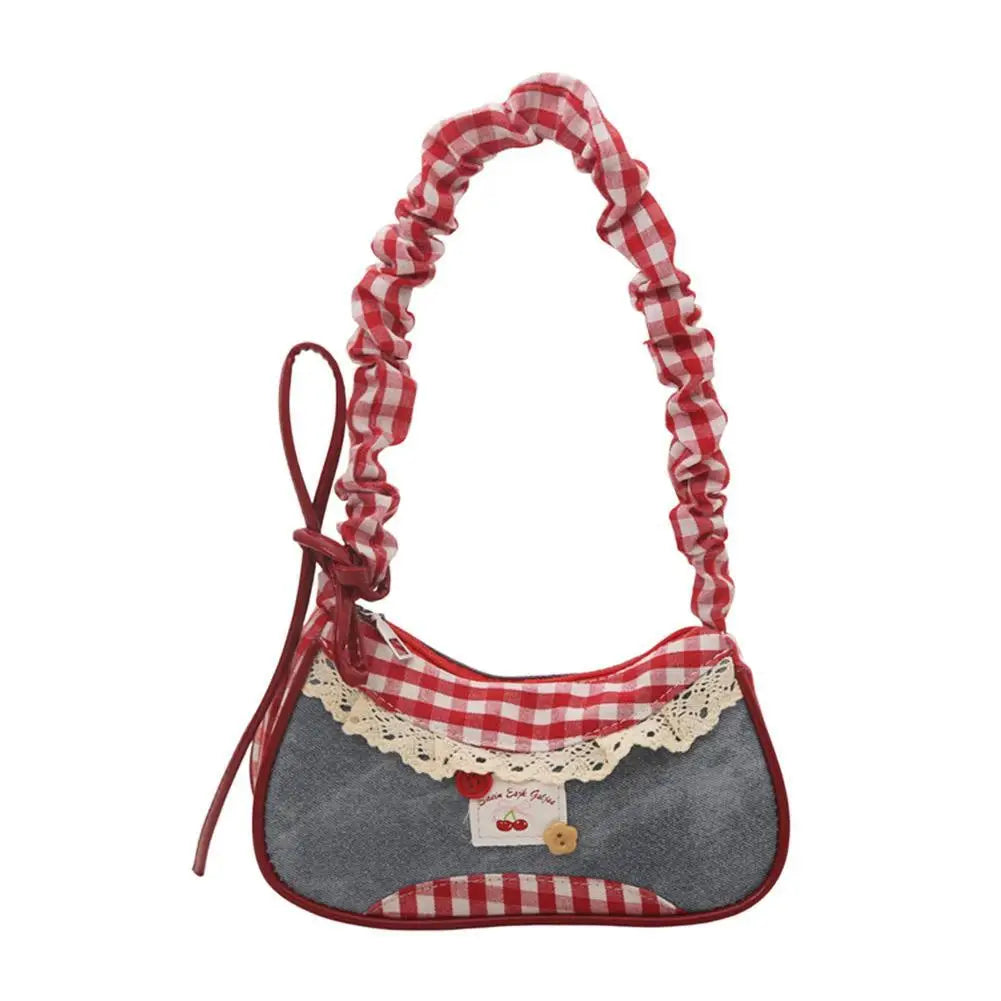 New Fashion Grid Women Bag Lace Ribbon Stretchable Shoulder Strap Single Shoulder Underarm Bag Daily Commuting Student Handbag