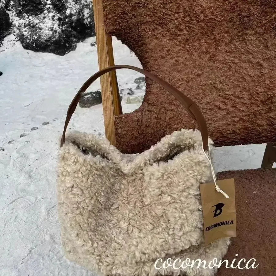 Women Bag Autumn Winter Luxury Fashion New 2025 Imitation Lamb Wool Shoulder Bag Handbag Simple Office Women Bag