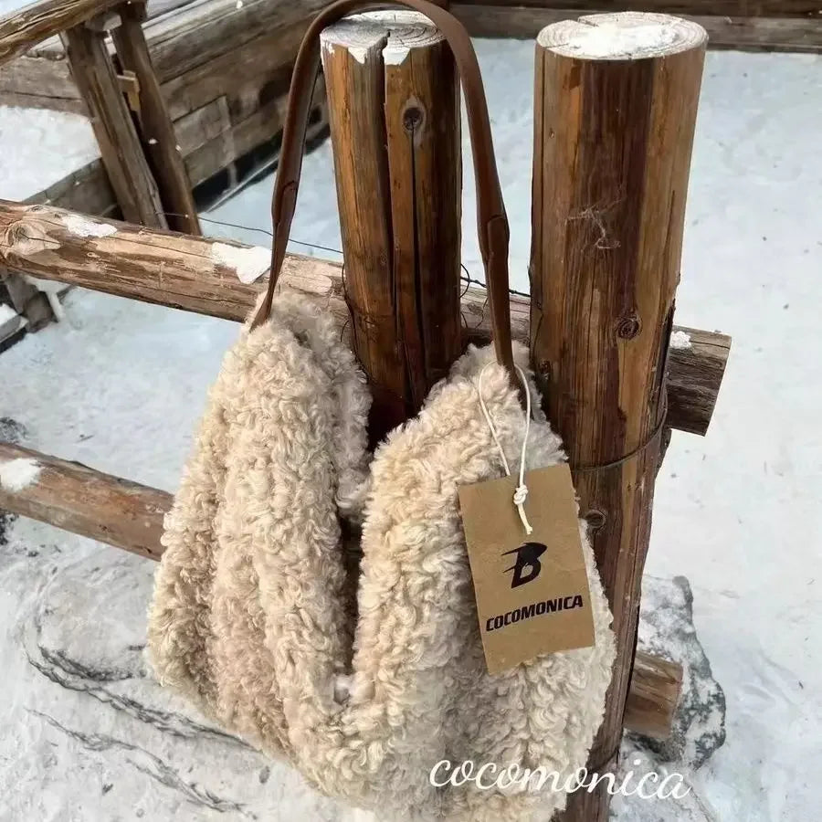 Women Bag Autumn Winter Luxury Fashion New 2025 Imitation Lamb Wool Shoulder Bag Handbag Simple Office Women Bag