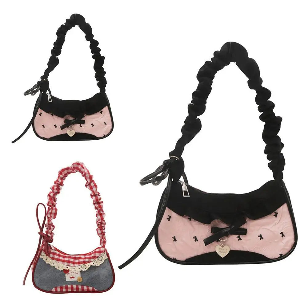 New Fashion Grid Women Bag Lace Ribbon Stretchable Shoulder Strap Single Shoulder Underarm Bag Daily Commuting Student Handbag
